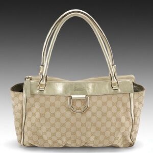Gucci ABBEY D-Ring Zip Tote in GG Canvas and Metallic Gold Calfskin Leather